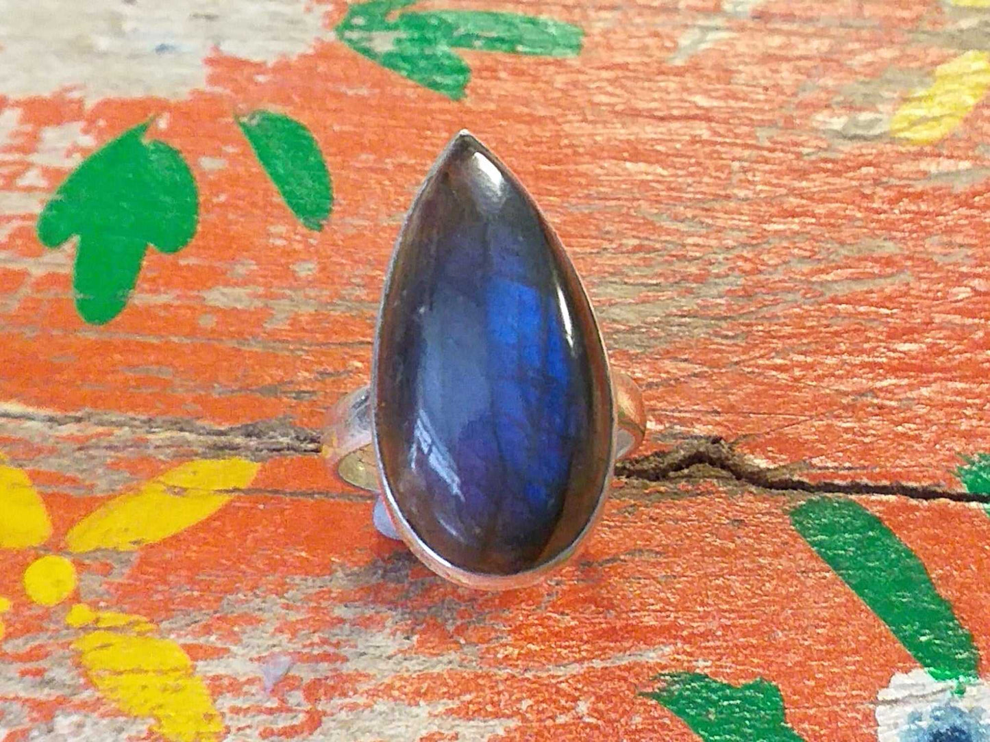 Sterling Labradorite Ring 26x13mm Pear Size 7