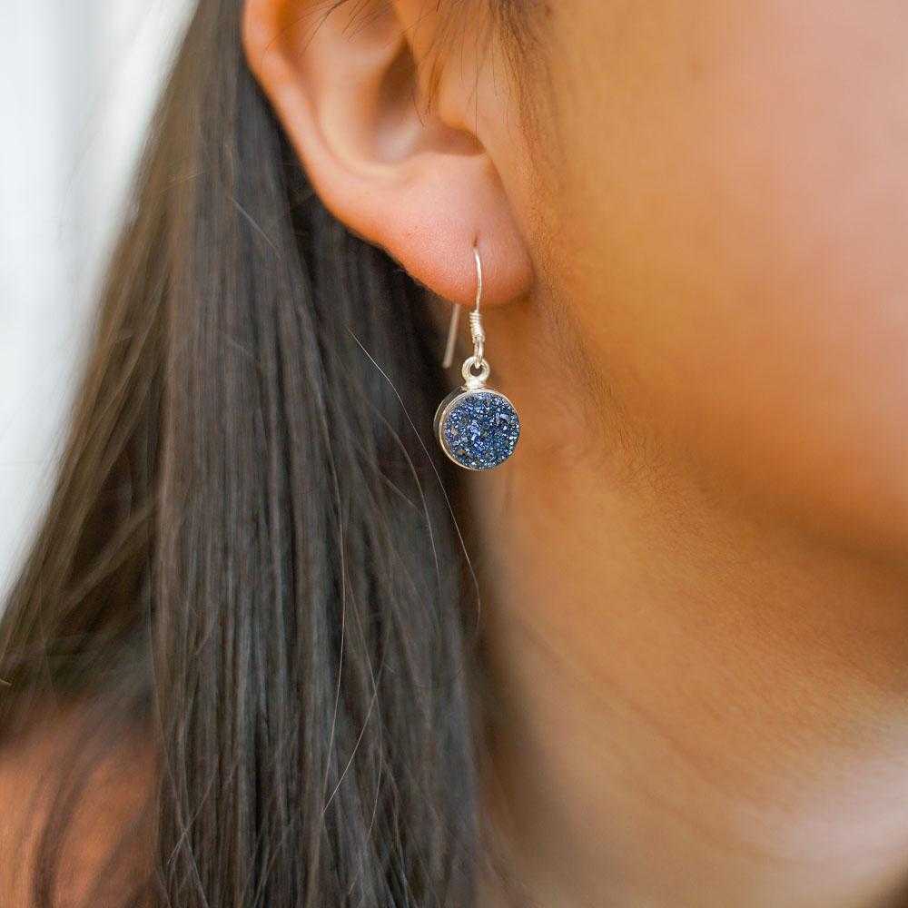 Toro Round Navy Druzy Gemstone Sterling Silver Earrings