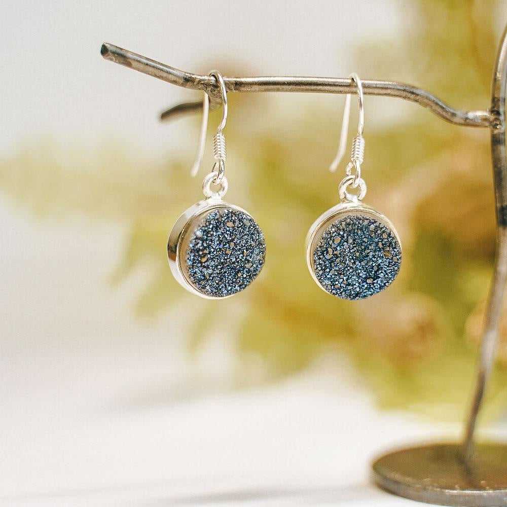 Toro Round Navy Druzy Gemstone Sterling Silver Earrings