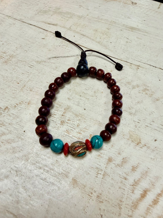 Wooden Bracelet with Tibetan Beads