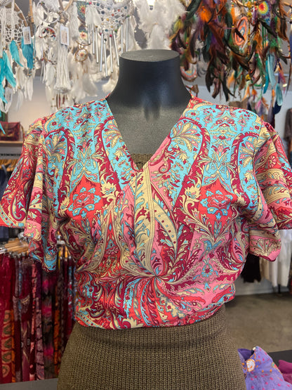 Silky Floral Wrap Top/Short Sleeve