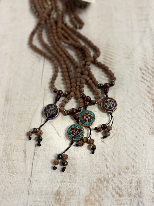 Rudraksha,TigerEye,Tibetan Charm Mala