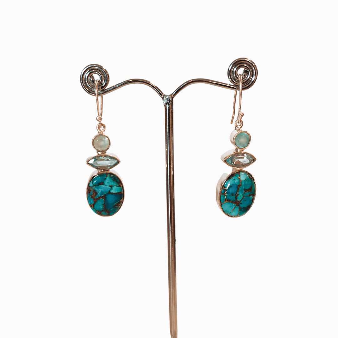 Three Tier Aquamarine Topaz And Mohave Turquoise Oval Earrings