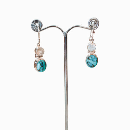 Two Tier Moonstone And Turqoise Oval Earrings