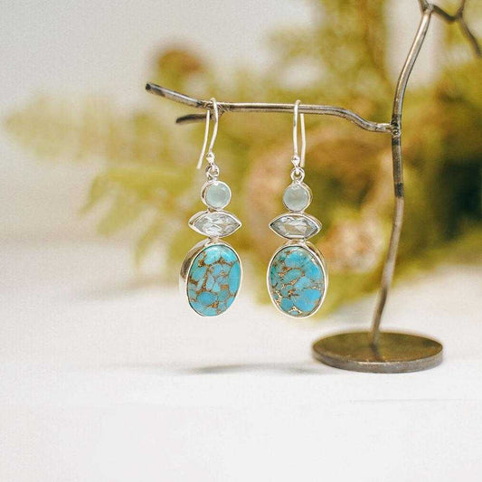 Three Tier Aquamarine Topaz And Mohave Turquoise Oval Earrings
